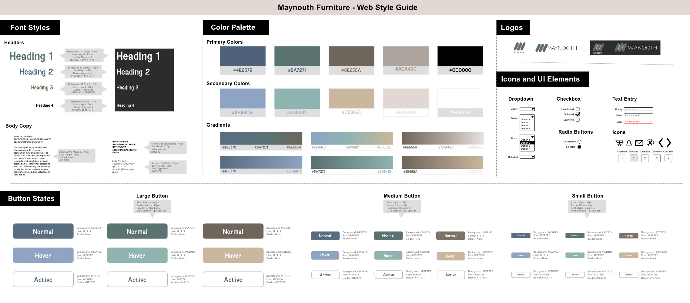 Styleguide with font styles, color palette, logos, icons and UI elements, and button states.