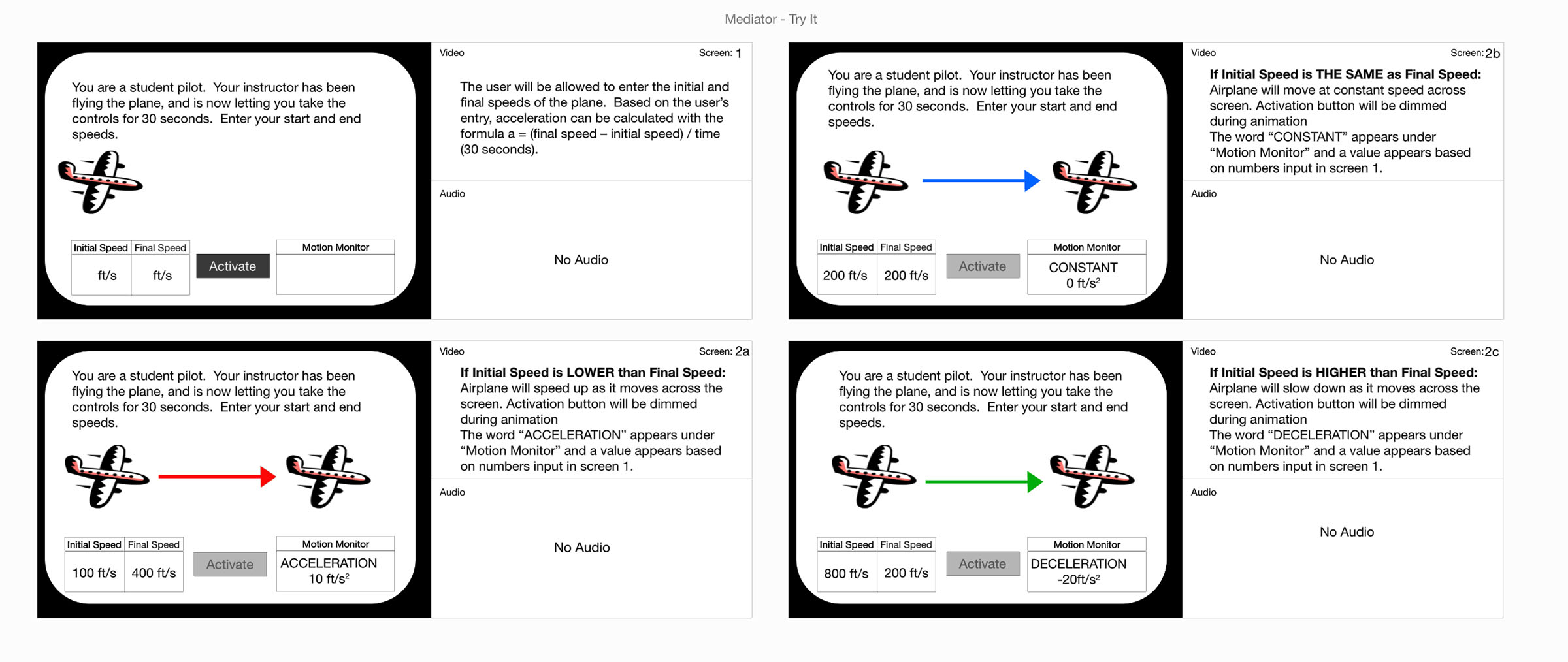 Storyboard showing animation of a plane accelerating and decelerating.