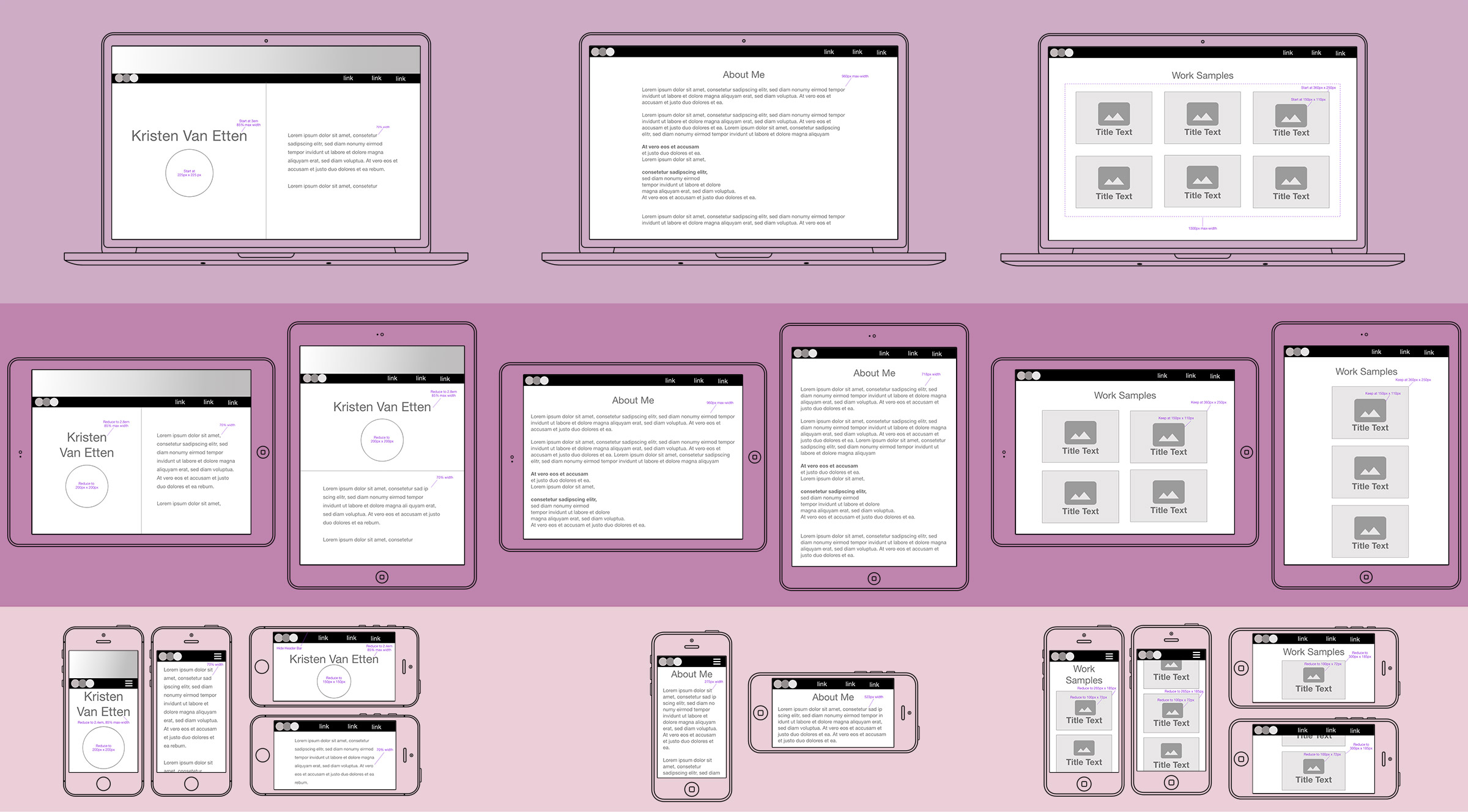 Wireframes of kristenvanetten.com on multiple devices.