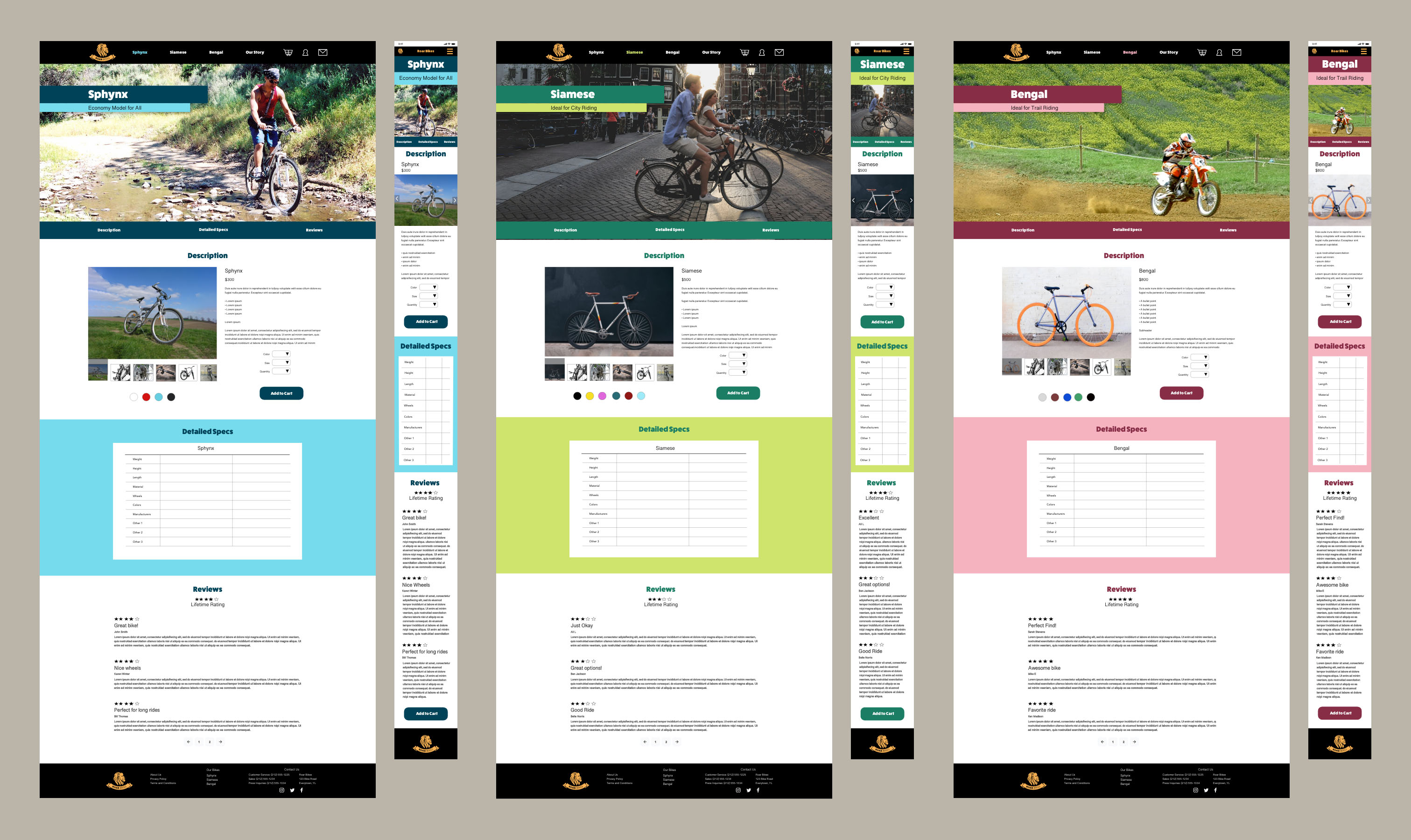 Mockups of three product pages from Roar Bikes website.