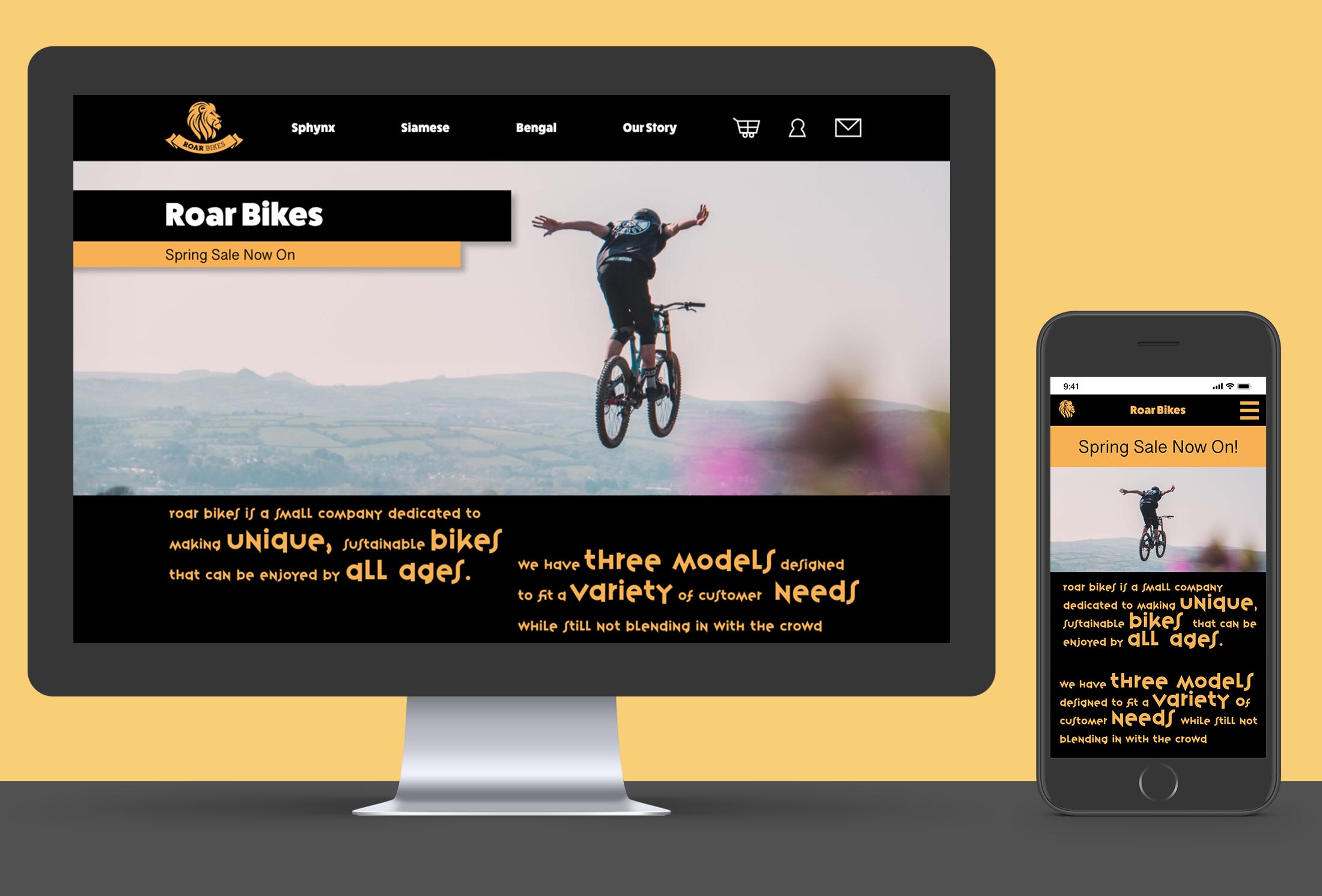 Top of Roar Bikes home page on devices.