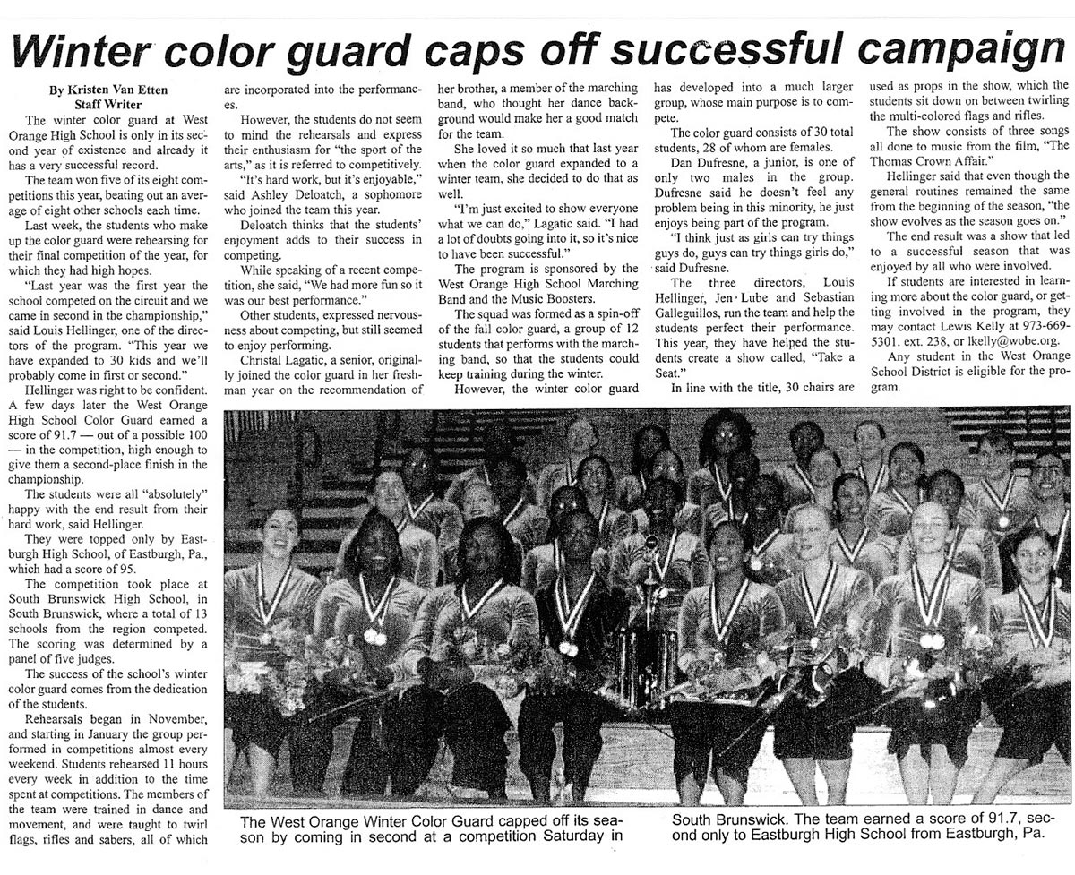Newspaper article titled, Winter color guard caps off successful campaign.