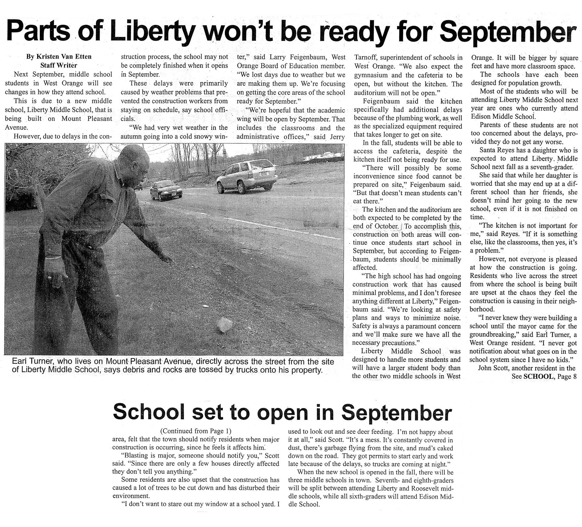 Newspaper article titled, Parts of Liberty won't be ready for September.